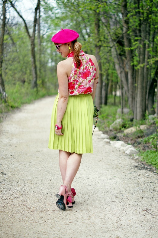 Winnipeg Fashion Blog, Canadian Fashion Blog, INC International Concepts silk pink green floral halter top blouse, Banana Republic green pleated skirt, Forever 21 hot pink fuchsia patent belt, Mary Frances Force of Nature silk watercolored stone beaded clutch bag, Betsey Johnson Lip Kiss crystal bangle bracelet, Coach hot pink fuchsia watch, Victoria Secret pink crystal cocktail ring, Natasha snake coil arm band, Natasha green crystal stone statement necklace, Adia Kibur neon yellow earrings, Icing pink floral print sunglasses, Fluevog pink bows Mini sweet pea slingback heels